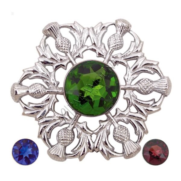 Model O Chrome Brooch with Green, Blue, and Red Stones